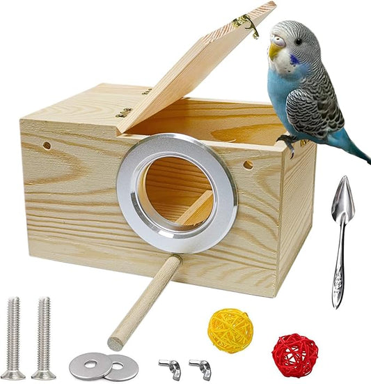JSLZF Bird Nest, Parakeet Nest Box, Bird Breeding Box with Perch, Wood Budgie Nest Box for Bird, Parrot, Lovebirds, Parrotlet, Finch, Sparrow 7.8” x 4.7” x 4.7”