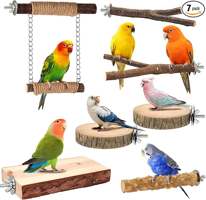 7-Piece Bird Perches for Cage- Wooden Parrot Stand with Fork Toys, Hanging Multi-Branch Platform, Hammock Swing, Gym Playstand & Chewing Toys - for Parakeets, Budgies, Lovebirds - Durable