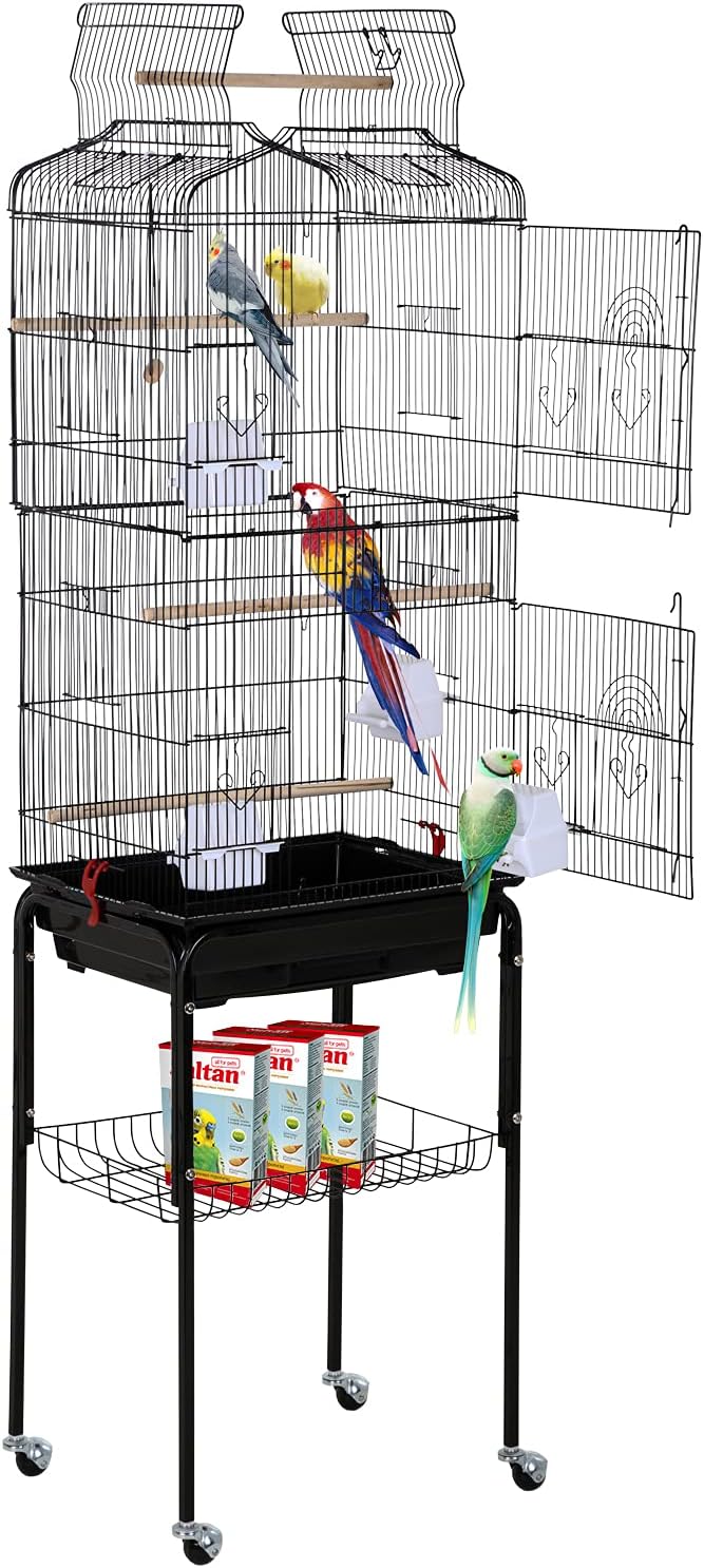 HCY Bird Cage Parakeet 64 inch Open Top Standing Parrot Accessories with Rolling Stand for Medium Small Cockatiel Canary Conure Finches Budgie Lovebirds Pet Storage Shelf, Black, 64x13x17 (Pack of 1)
