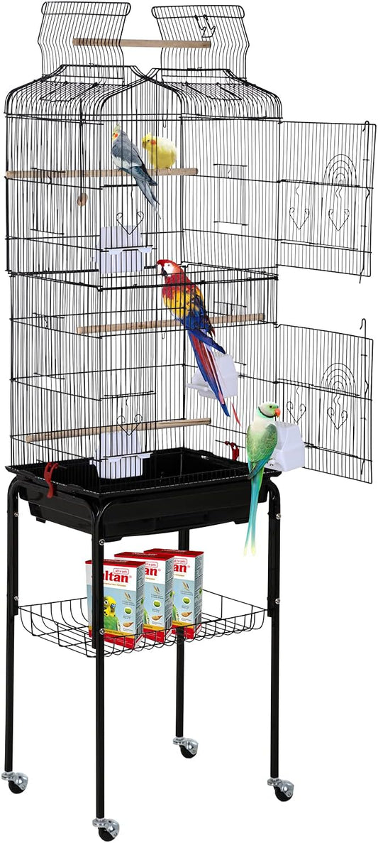 HCY Bird Cage Parakeet 64 inch Open Top Standing Parrot Accessories with Rolling Stand for Medium Small Cockatiel Canary Conure Finches Budgie Lovebirds Pet Storage Shelf, Black, 64x13x17 (Pack of 1)