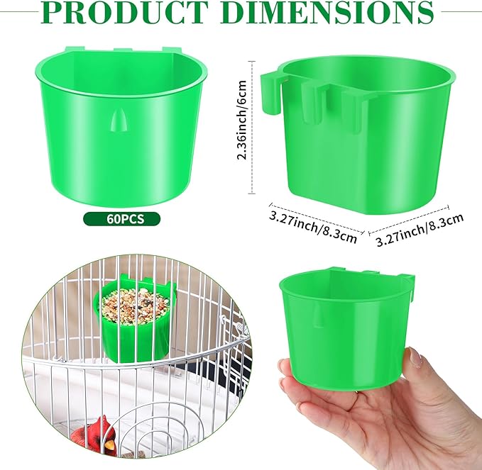 Sumind 60 Pcs Cage Cups Chicken Feeder Birds Hanging Feeders Seed Bowl 8 oz Plastic Water Bowl Hanging Chicken Gamefowl Waterer Feeding Watering Dish Coop Cups for Parrot Parakeet Poultry(Green)