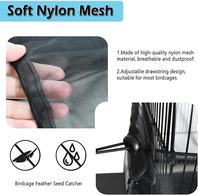 ASOCEA Large Bird Cage Seed Cather,Bird Cage Cover Adjustable Soft Airy Skirt Guard Birdcage Nylon Mesh Net for Parrot Parakeet Macaw African Round Square Cages Cover (78.5 * 27.6in-Black)