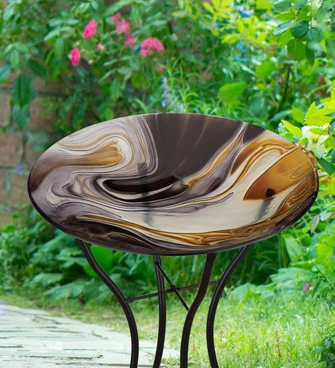 Regal Art & Gift 23" Bird Bath with Stand - Durable Glass Bowl with Heavy-Duty Metal Stand, Easy to Fill, Ideal for Patio, Porch & Garden Décor - Swirl Black