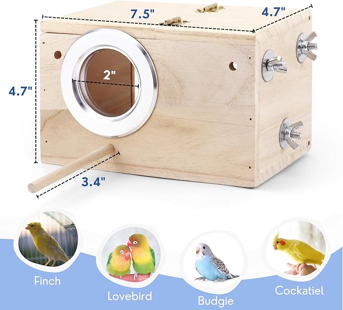 Parakeet Nesting Box - Visual Wooden Bird Nest Breeding Box - Bird Cage House with Perch for Lovebirds Cockatiel Budgie Finch Parrot