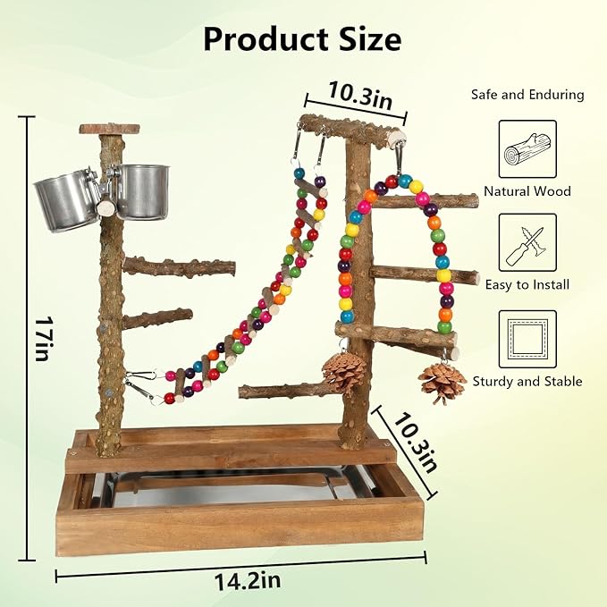 Wooden Bird Play Stand Parrots Playground Perch Stand with Bird Ladder Chewing Toys and 2 Stainless Steel Cups (Brown)