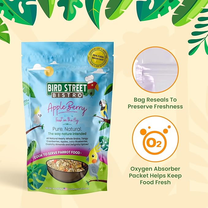 Bird Street Bistro Parrot Food - Parakeet & Cockatiel Food - Cooks in 3-15 min with Natural Grains, Legumes, Non-GMO Fruits, Vegetables & Health-Oriented Spices