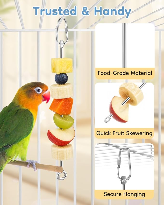 Pawfly 3 Pcs Stainless Steel Parrot Fruit Vegetable Skewer, 10 Inch/26 cm Hanging Bird Cage Food Holder with Hook, Bird Cage Feeder for Vegetable & Fruit, Bird Treat Skewer, Foraging Toy for Parakeets