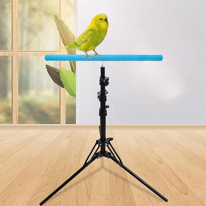 Wooden Bird Perch Stand with a Height Adjustable Tripod, Bird Training Accessories for Indoor or Outdoor, Birds Stand for African Grey, Budgies, Cockatiels, Lovebirds, Conures, Small to Medium Birds