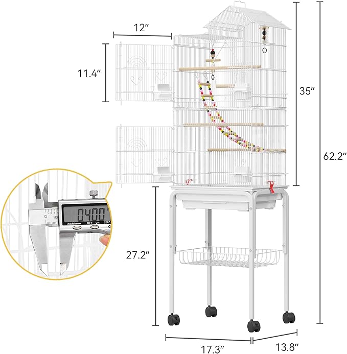 62-inch Metal Bird Cage: Spacious Bird Cage for Cockatiels, Parrots, Pigeons, Lovebirds, Features Roof Access and Rolling Stand, White