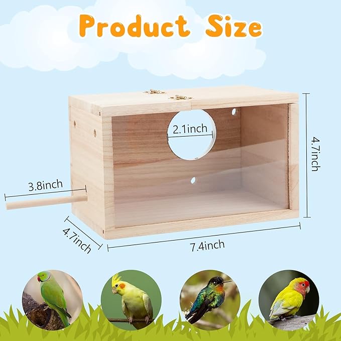 Natural Wood Nesting Box for Parakeet Birds Transparent Design Breeding Box with Perch Wood Bird Cage House for Cockatiel Lovebirds Budgie Finch Parrotlets Canary (Small)