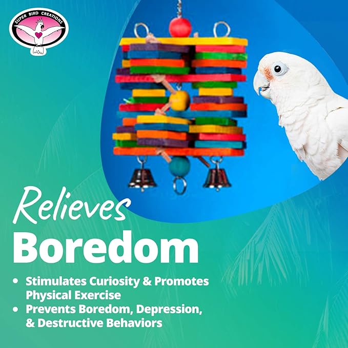 Super Bird Creations SB399 Woodpile Bird Toy - Vibrant Bird Toys for Mini Macaws, African Greys, Small Cockatoos, Parrots - Enriching Bird Toy with Chewable Elements - Large to XL Bird Size