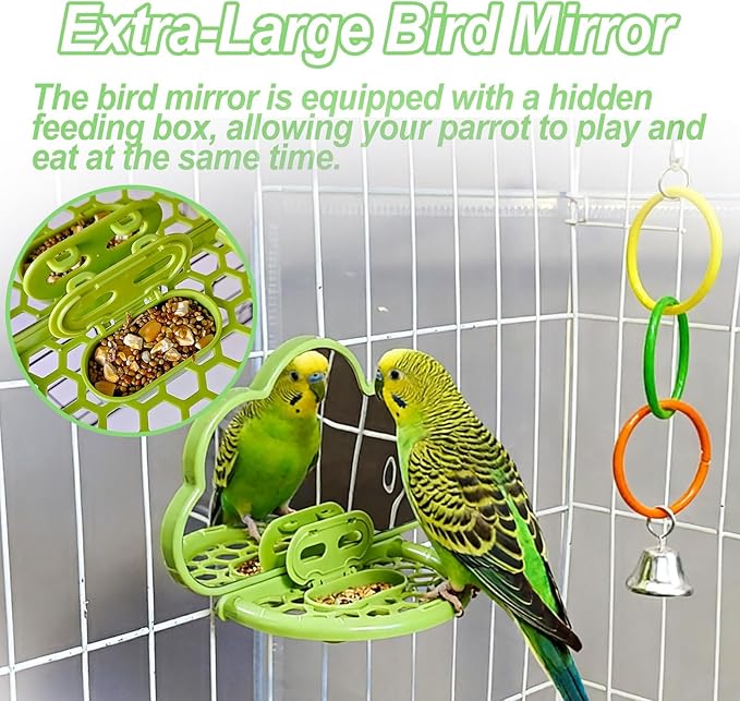 Bird Mirror with Perch,Interactive Birds Toys Slow Feeder for Alleviate Boredom,Parrot Mirror Bird Cage Accessories for Parakeet,Cockatiel, Conure, Lovebird, Finch, Canary,Budgie