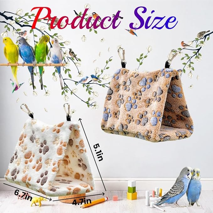 2 Pack Bird Nest Plush Snuggle Bird Hammock Hanging Bird Cave Parrot Sleeping Bed Shed Hut Hanging Tent for Budgies Finch Parakeet Cockatiel Cockatoo Lovebird-Foot Pattern (Brown&White)