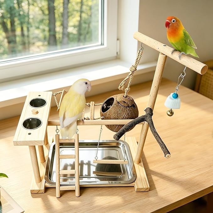 Hamiledyi Parrot Playground Bird Play Stand Natural Wood Parrot Perch Gym with Feeder Cups Cockatiel Nest with Ladder Lovebirds Cage Accessories Toy Exercise Activity Center for Cockatiel Lovebirds