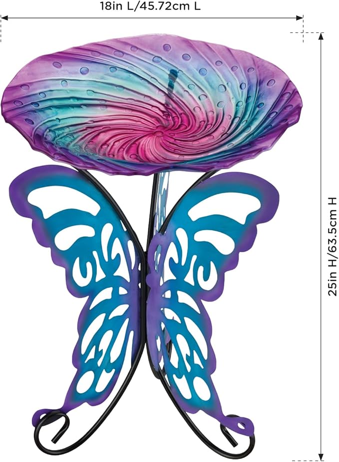 Regal Art & Gift 25" Bird Bath with Decorative Stand - Durable Glass Bowl with Heavy-Duty Metal Stand, Easy to Fill, Ideal for Patio, Porch & Garden Décor - Butterfly