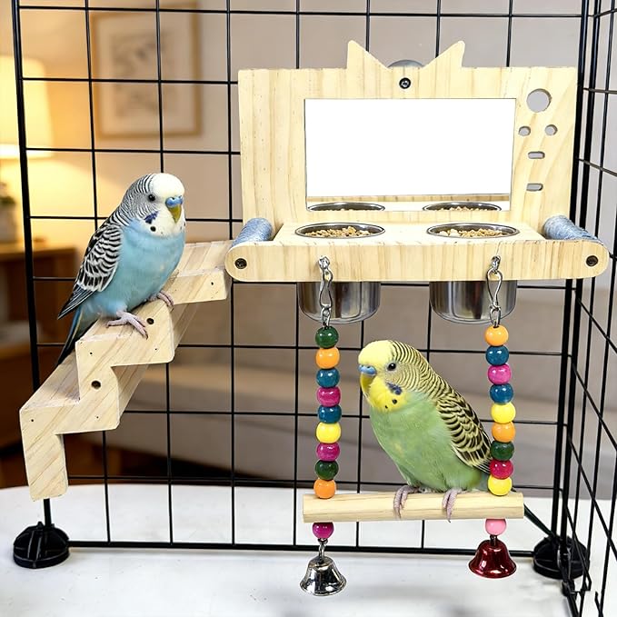 kathson Bird Perches Cage Toys with Bird Climbing Ladder Swing Mirror,Wooden Parrot Perches Platform with Feeding Cups,Parakeet Play Gyms Exercise Stands Cage Accessories for Lovebird,Budgie,Cockatiel