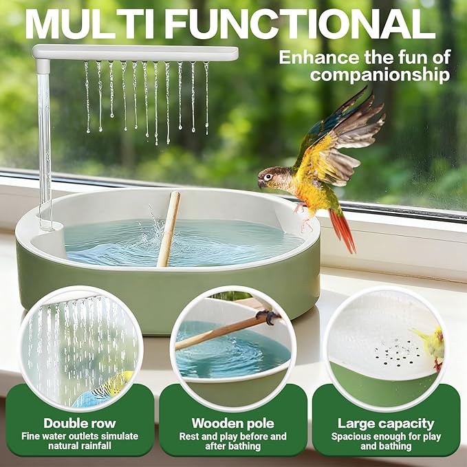 Bird Bath, Parrot Bathtub, Automatic Parrot Shower Bath with Pump, Birds Shower Bathtub with Running Water, Large-Capacity Water Tank,Suitable for Many Kinds of Birds (Green)