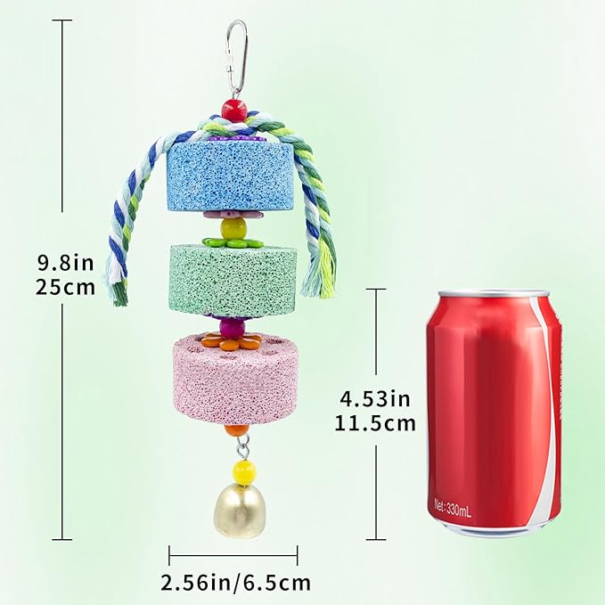 Mineral Block Chew Toys with Colorful Beads and Bell, Bird Beak Grinding Stone, Cage Accessories for African Grey, Budgies, Cockatiels, Small to Medium Birds
