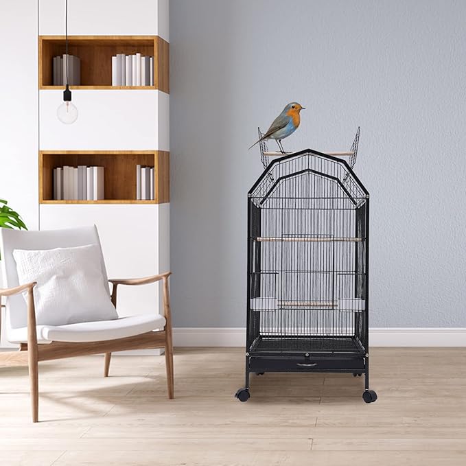 40 Inch Wrought Iron Bird Cage with Rolling Stand Metal 360 Degree View Spacious Interactive Roof Durable and Rustproof for Parrots Finches Lovebirds Budgie Canaries Macaw