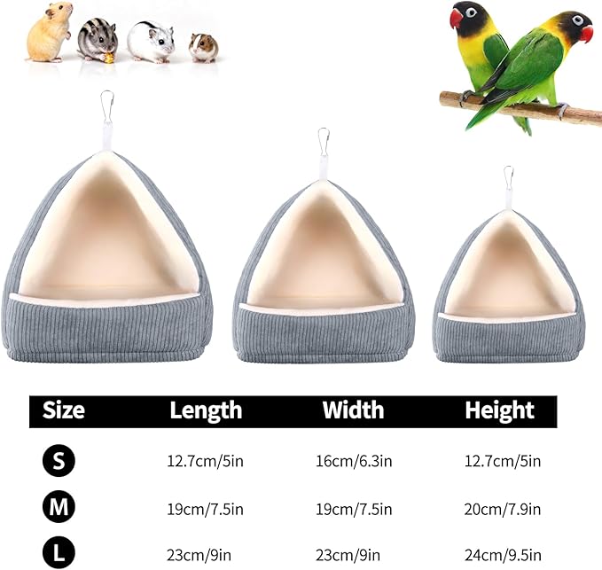 Medium Winter Warm Bird House and Bird Bed for Cage with Soft Plush Hanging Hammock & Hut Tent, Hideaway Sleeping Nest for Budgies, Parakeets, Cockatiels (Grey, M)