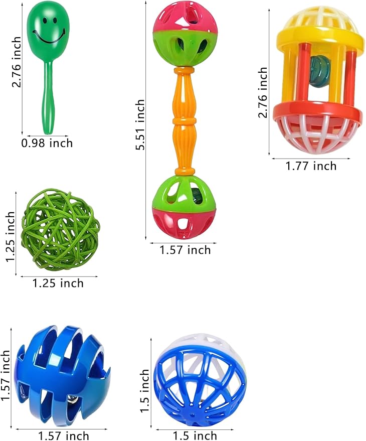 10-Pack Bird Toys for Parrots – Natural Rattan & Plastic Bell Balls – Safe, Fun Cage Decor & Foot Exercise (1.5'' - 5.5'')