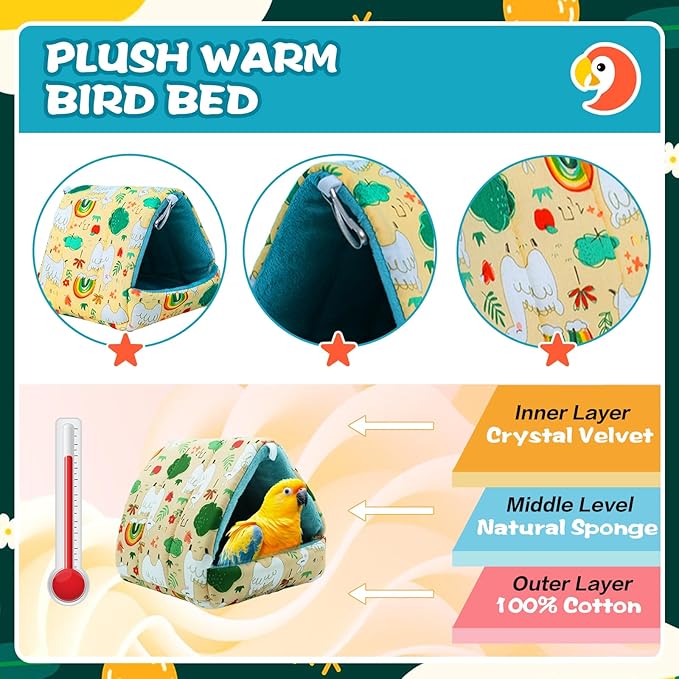 SUSOO Plush Warm Bird Bed - Hanging Bird Nest Snuggle Velvet Shed Tent Cage Fluffy Hut Winter Sleeping Hideaway Hammock House for Parrot Parakeet Conure Cockatiel Budgies Lovebird (Green, M)