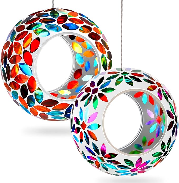 2 Pcs Mosaic Glass Hanging Bird Feeder Round Fly Through Balcony Bird Feeder for Backyard Window Outdoor Garden Deck Porch Decor