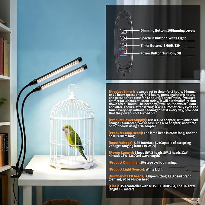 Bird Cage Light with Timer 10 Dimming Levels, 60 LED Beads, Bird Light Avian Lights for Birds Simulate Sunlight for Parrots & Pet Birds