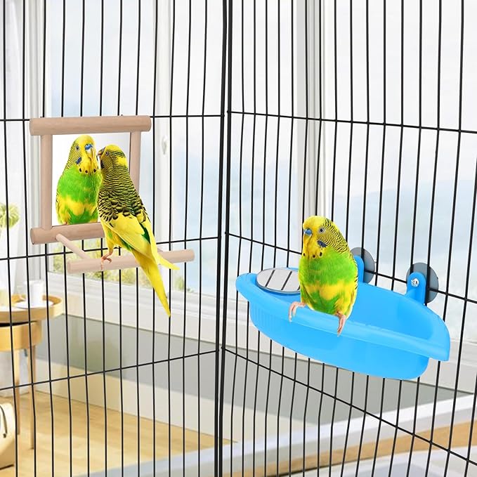 Wontee Bird Bath Parrot Bathing Tub Bird Mirror with Perch Toys for Budgies Parakeets Cockatiels Lovebirds Finches Canaries (Blue (B))