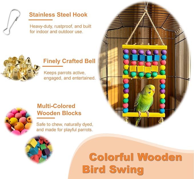 Bird Swing Toys - Dual-Layer Parrot Swing with Perch, Colorful Design with Colorful Wood Blocks, Natural Bird Toys, Bird Cage Accessories for Small & Medium Birds
