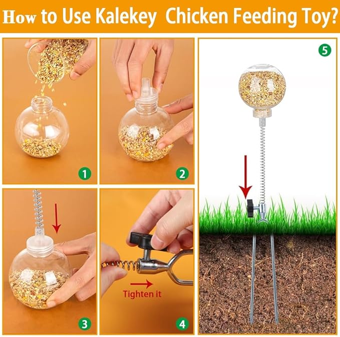 Kalekey 4 Pack Chicken Feeding Toy, Chicken Enrichment Toys with Spring and 11" Metal Ground Stake, Chicken Treat Dispenser Peck Toy Boredom Busters for Hens, Ducks, and Parrots