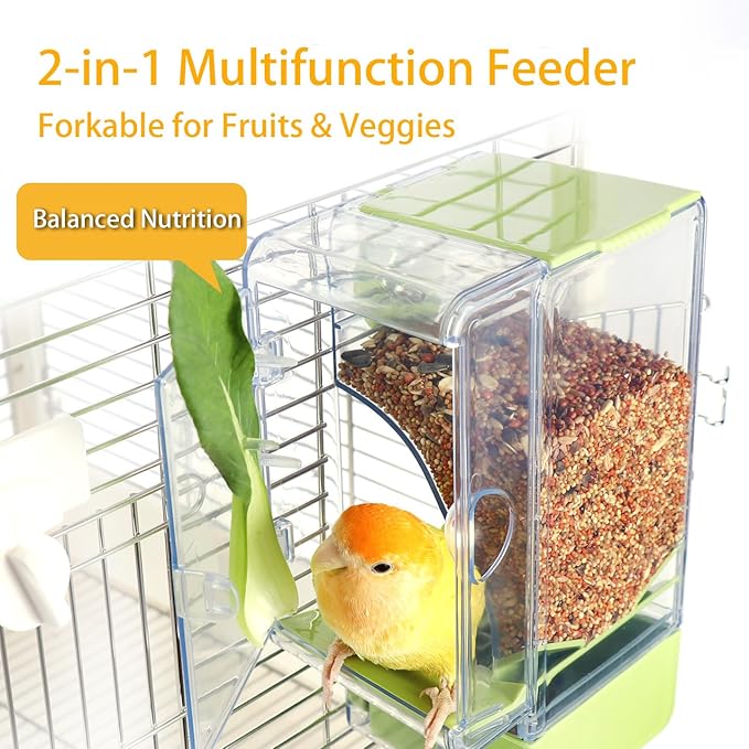 No Mess Bird Feeder with Veggie Skewer and Water Bottle Set, 15oz Feeder with Seed Hull Catcher + 4.7oz Leak-Proof Dispenser, Cage Accessories for Cockatiels, Conures, Parakeets, Lovebirds (Green)