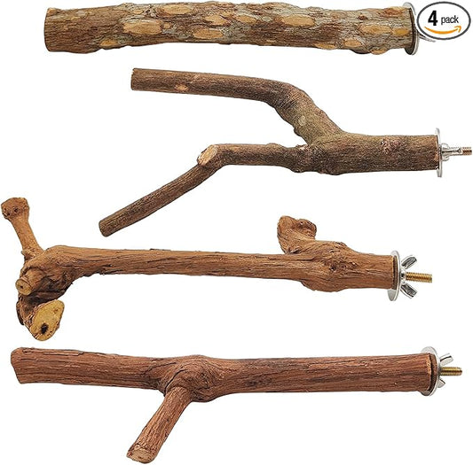 4 Pcs Natural Wood Bird Perch for Cage Parrot Stand, 2 Grape Wood Perches, A Stand Fork Standing Branch, A Paw Grinding Fork, Training Branches & Fork Toys for Parakeets, Budgies, Finches