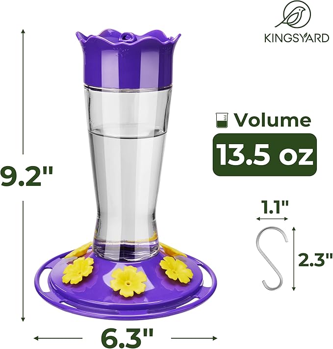 Kingsyard Glass Hummingbird Feeder for Outdoors Hanging, 14 oz Leak-Proof Humming Bird Feeders with Ant Moat & Bee Proof Feeding Ports, Hummingbird Gift for Bird Lovers (Updated Purple)