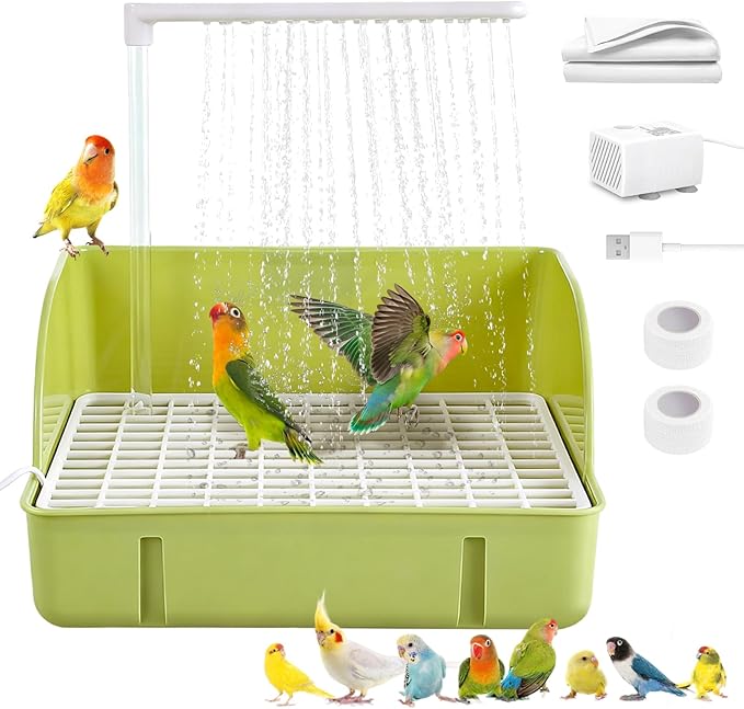 Parrot Bathtub, Large Bird Shower Fountain, Automatic Bird Bath, Parrot Bath Shower, Automatic Bathtub with Circulating Faucet, Indoor Fountain with USB Pump, Green