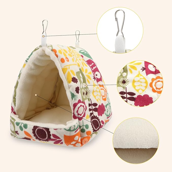 Hypeety Bird Hanging Hammock Nest Parrot Winter Warm Nest House Comfortable Plush Bird Bed for Cage Winter Bird Hideaway Hut for Cockatiels Budgies Parakeets Lovebirds Conures Hamsters (Flower)
