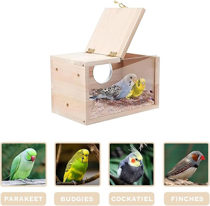 Parakeet Nesting Box with Perch, Small Bird Breeding Box with Transparent Window, Natural Wood Bird House for Cage for Parrot Cockatiel Lovebirds Budgie Finch Parrotlets Canary, Medium (5.9*5.9*11.6")