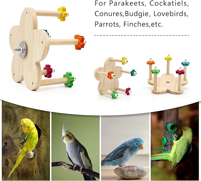 Bird Rotating Perch Toy,Durable Unique Wooden Ferris Wheel Parrot Toys with 5 Perches,Bird Cage Accessories for Parakeet, Cockatiel, Budgerigar,Conures, Lovebirds