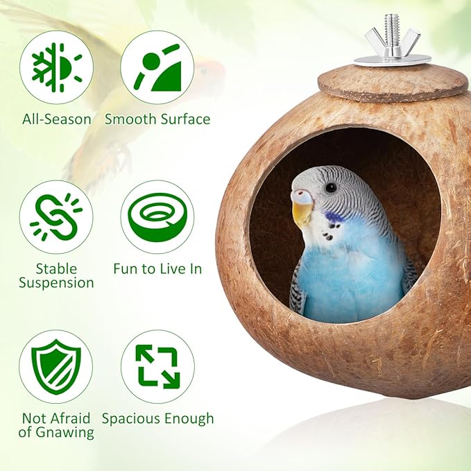 POPETPOP Natural Coconut Fiber Hanging Birdhouse for Cage - Coconut Shell Pet Bird Nest, Hanging Bird Breeding Nest for Parrot Parakeet Lovebird Finch Canary