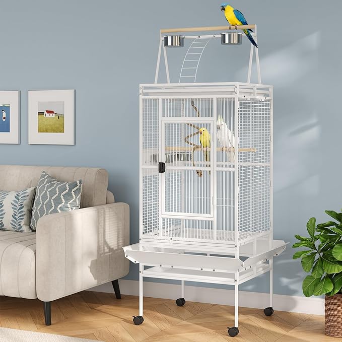 67-Inch Playtop Wrought Iron Large Parrot Bird Cages with Rolling Stand for Cockatiels Parrot Quaker Conure Parakeet Lovebird Canary Small Medium Parrot Cage Birdcage, White