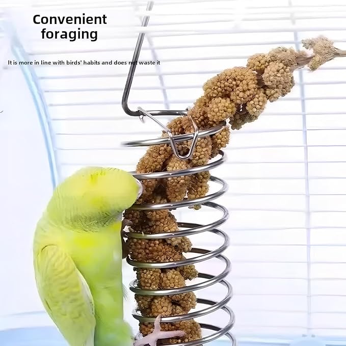 2 Pack Millet Holder for Bird Cage, Stainless Steel Parrot Foraging Toy Feeder, Hanging Spray Millet Treat Holder Bird Fruit Vegetable Basket for Parakeet Cockatiel Conure African Grey Lovebird