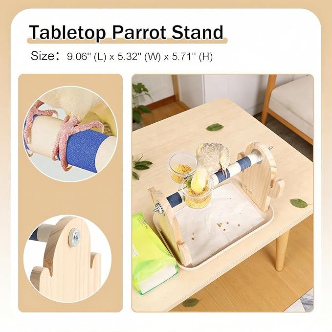 Wood Bird Perches Stand，2-in-1 Parrot Perch Stand，Portable Bird Stand，9.1''L*5.3''W*5.7''H Bird Training Perch with Removable Plastic Tray for Small and Medium-Sized Birds Play Stand(Cheese-Pink)