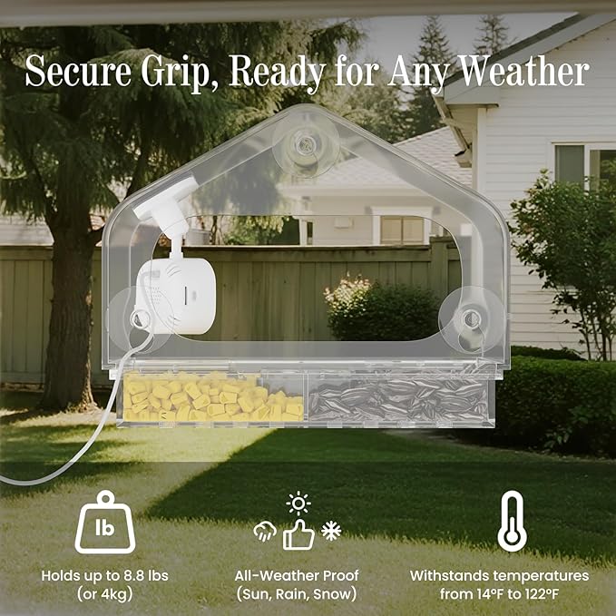 Smart Window Bird Feeder Camera with AI, Modern Design for Panoramic Views, 2K HD Live Feed, USB Powered & Secure Suction Mount - The Ultimate Tech Gift (Clear)