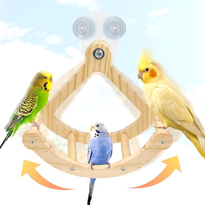 Rocking Bird Toys Perch for Window and Cage, Bird Perch for Wall Suction Mount, Wooden Parrot Toys for Medium Birds, Enrichment Cockatiel Toy Fun and Accessoriess for Budgie, Lovebird, Conure