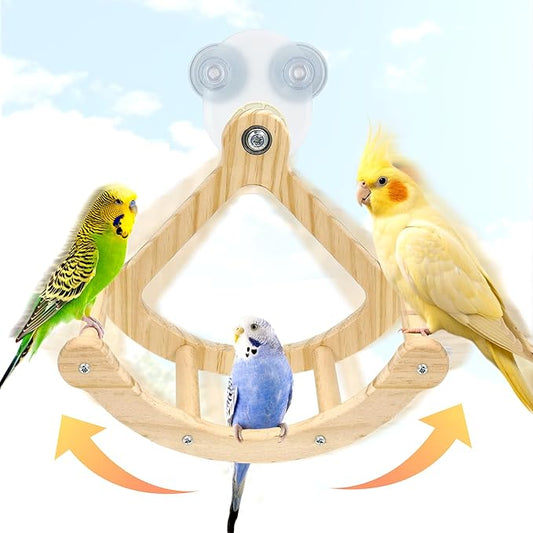 Rocking Bird Toys Perch for Window and Cage, Bird Perch for Wall Suction Mount, Wooden Parrot Toys for Medium Birds, Enrichment Cockatiel Toy Fun and Accessoriess for Budgie, Lovebird, Conure