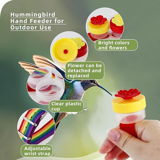 4 PCS Hummingbird Ring Feeder, Hand Held Hummingbird Feeders Hummingbirds Wrist Feeder with Adjustable Strap and 2 Cleaning Brush Mini Hand Feeding Tools for Outdoors Window (Colorful)