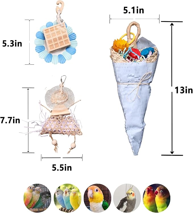 Parrot Chew Toys Set - Natural Wood & Loofah Toys with Plant-Based Dyes, 3 Pack Bird Chew Toys for Cockatiels, Conures & Small Parrots for Cage Enrichment (3 Pieces of Blue Series)