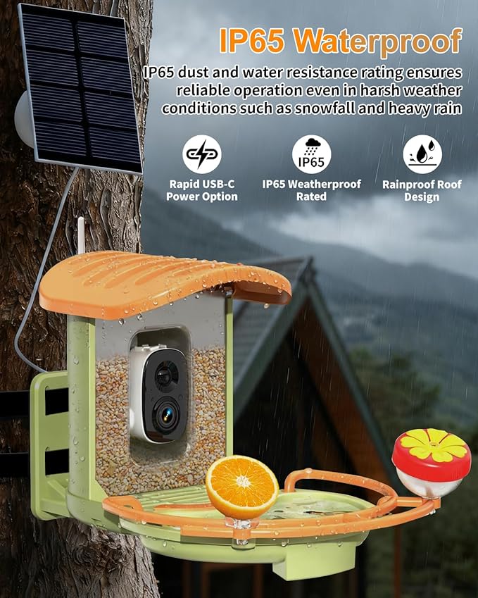 Bird Feeder with Camera, 2K HD Camera Birds Feeder with AI Bird Recognition, Solar Powered Smart Birdfeeder with Bath, App Control, Color Night Vision, Gift Box Package, Easy Install