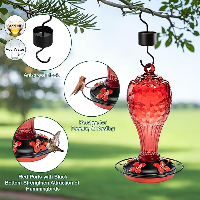 20 oz Hand-Blown Glass Hummingbird Feeder, Hanging Hot Air Balloon Design, Leak-Proof Silicone Seal, Ant-Proof, Outdoor Garden Decor Gift for Mom, Red