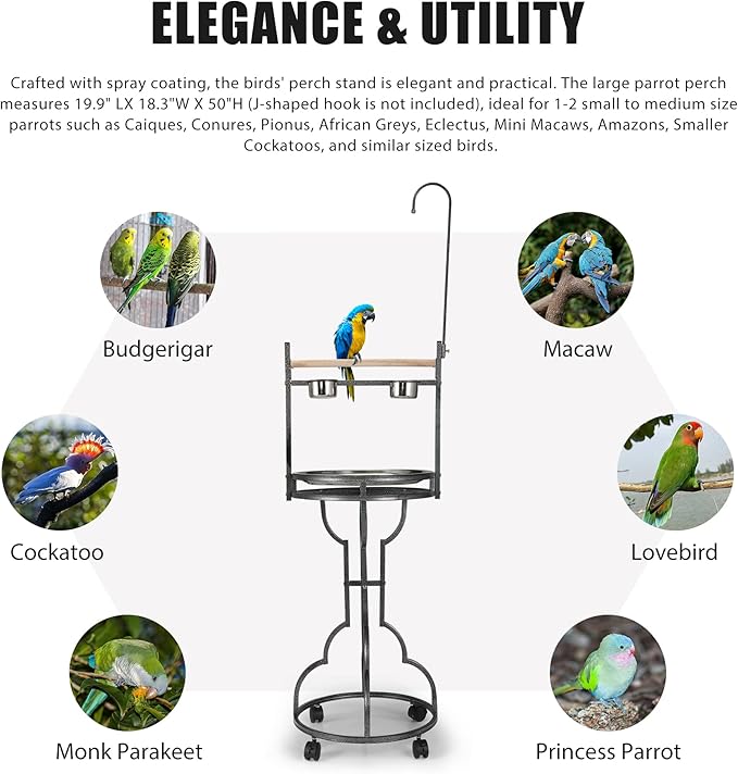 COZIWOW 72" Parrot Stand,Stainless Steel Tray Bowls Large Bird Playstand,Parrot Perch with Easy Grip,Wrought Iron Bird Stand with Toy Hook,Macaw Play Gym Ground Stand Rolling Wheel,Pet Gift